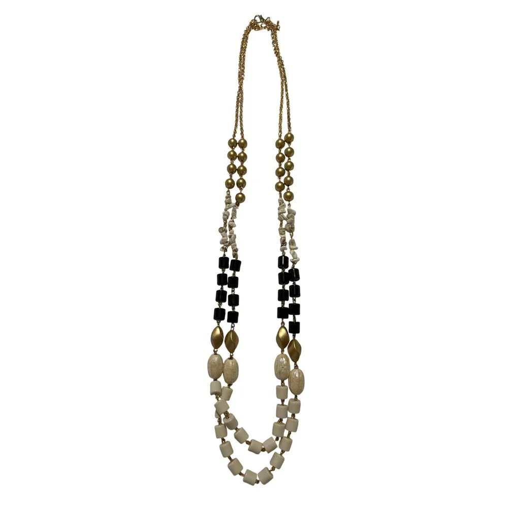 Multi Strand Beaded Statement Necklace Gold Cream Black Eclectic Layered